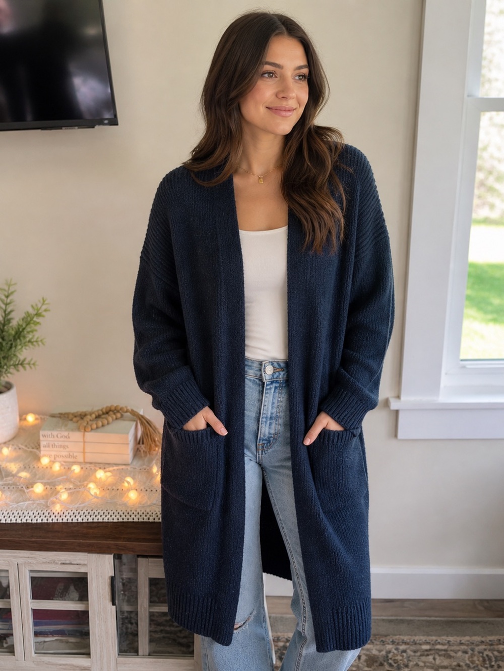 Alya Navy Open-Front Longline Cardigan with Pockets